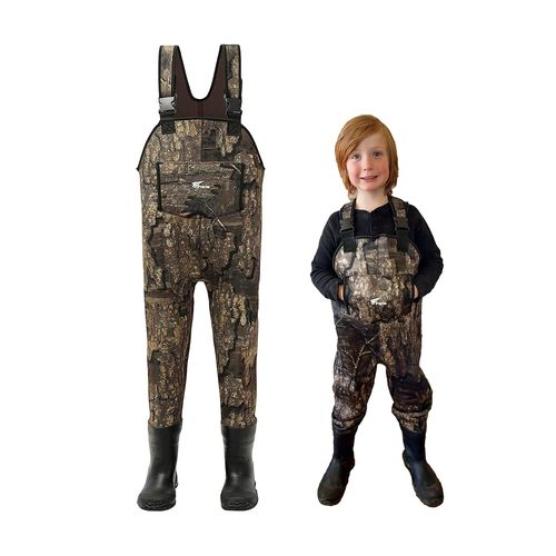 8Fans Waterproof Neoprene Waders for Kids with Rubber Boots in Timber Camo