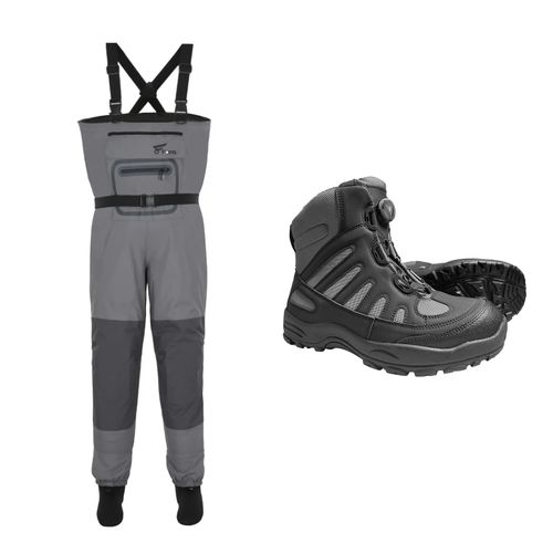 Комплект со скидкой: Забродные штаны 8Fans X-Back с системой шнуровки с вращающейся пряжкой и рыболовные забродные ботинки на резиновой подошве.