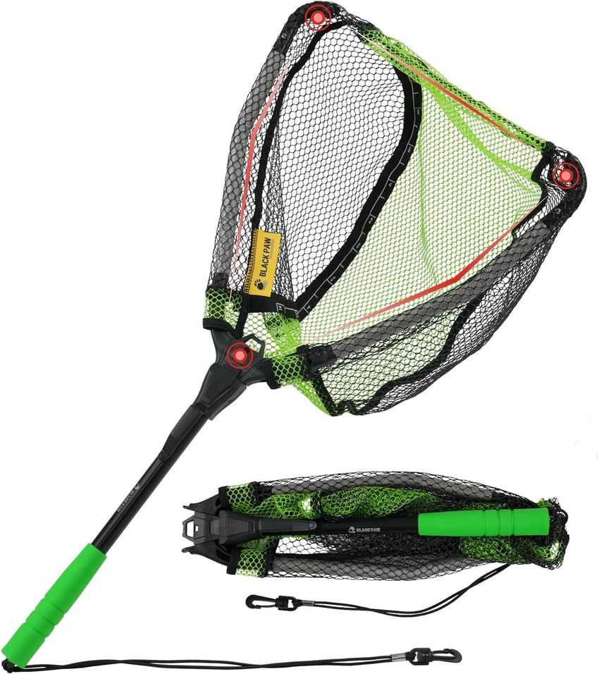 8FANS & Black Paw Co-brand Foldable Telescopic Rubber Coated Fishing Net A2:12" Hoop Size Green (Telescopic Pole)
