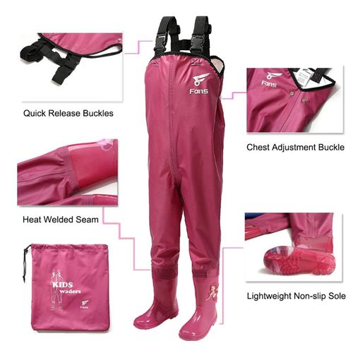 8Fans Kids Waterproof Fishing Youth Waders with Anti-Slip Cartoon Boots Pink