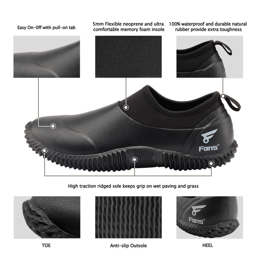 8 Fans Men s Garden Shoes Rubber Neoprene Muck Shoes With Memory Foam Insoles Black