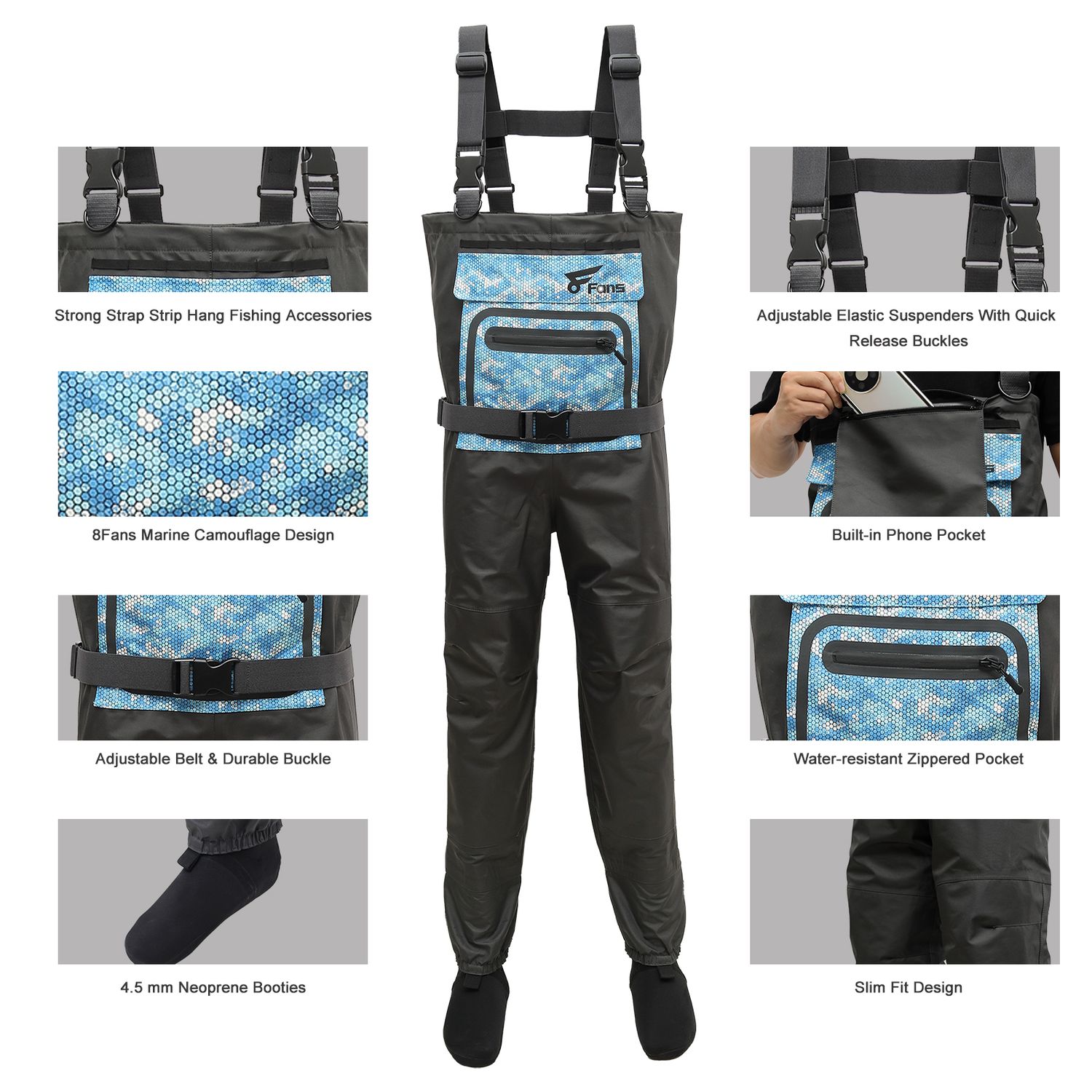Drryfsh Zip-Front Breathable Chest Fishing Waders Zippered Stockingfoot