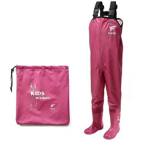 8Fans Kids Waterproof Fishing Youth Waders with Anti-Slip Cartoon Boots Pink