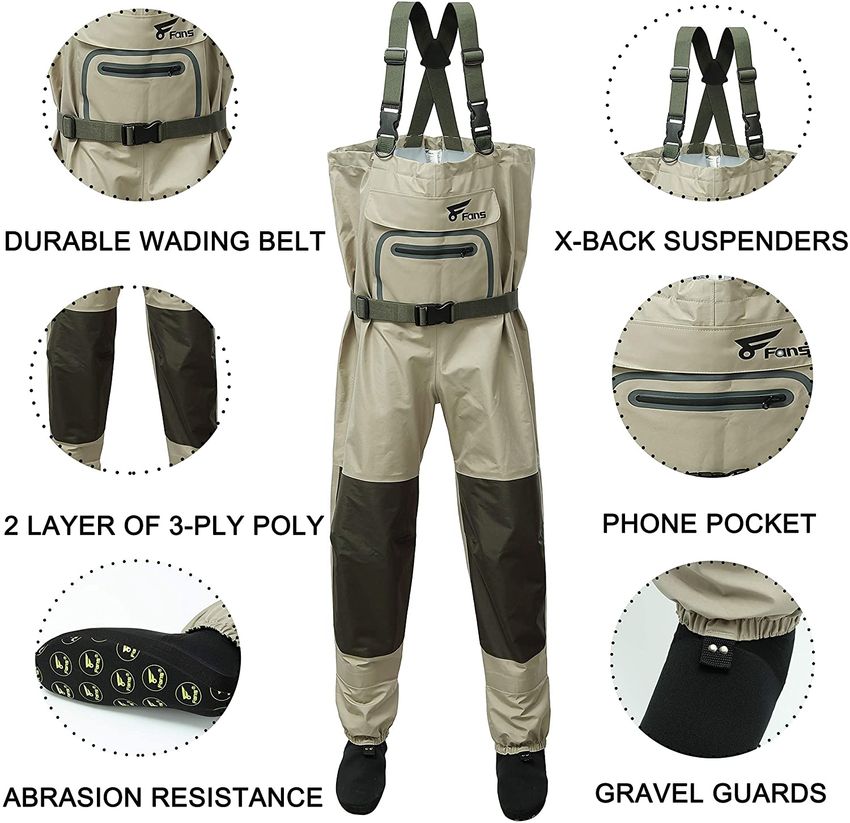 8Fans Breathable X-Back Chest Waders, 3-Layer Fabric with Reinforced Knees  & Neoprene Stocking Foot