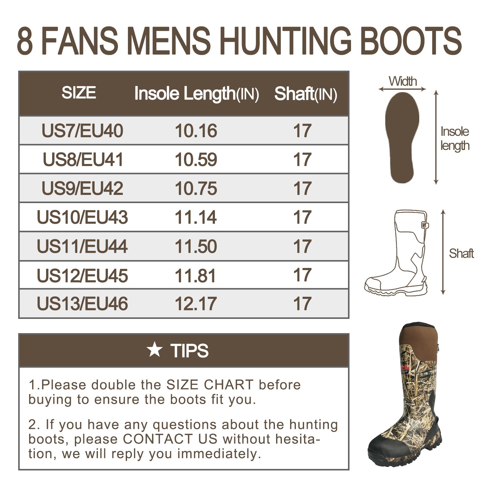 8 Fans Rubber Hunting Boots with 1000G Thinsulate