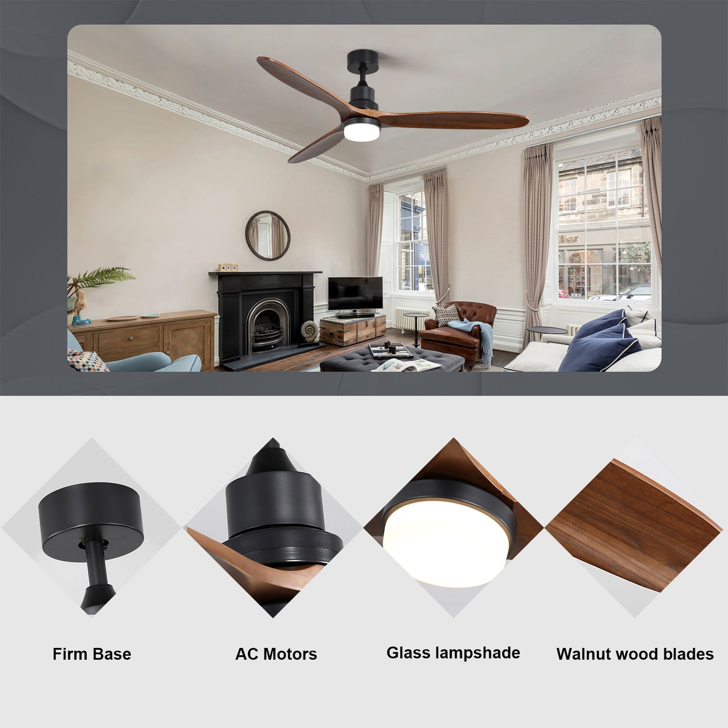 KBS 60 Inch Wood Design Reversible Ceiling Fan with Remote features in firm base, ac motors, glass lampshade, and walnut wood blades