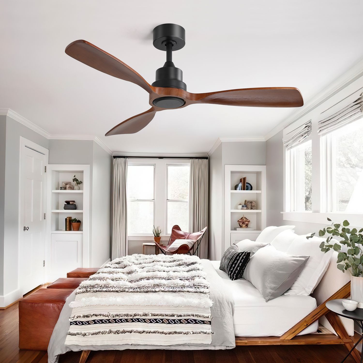 Black and Walnut Wood Flush Mount Ceiling Fan in a bedroom