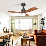 KBS 42" Brushed Nickel Natural Wood Ceiling Fan with Light in a living room