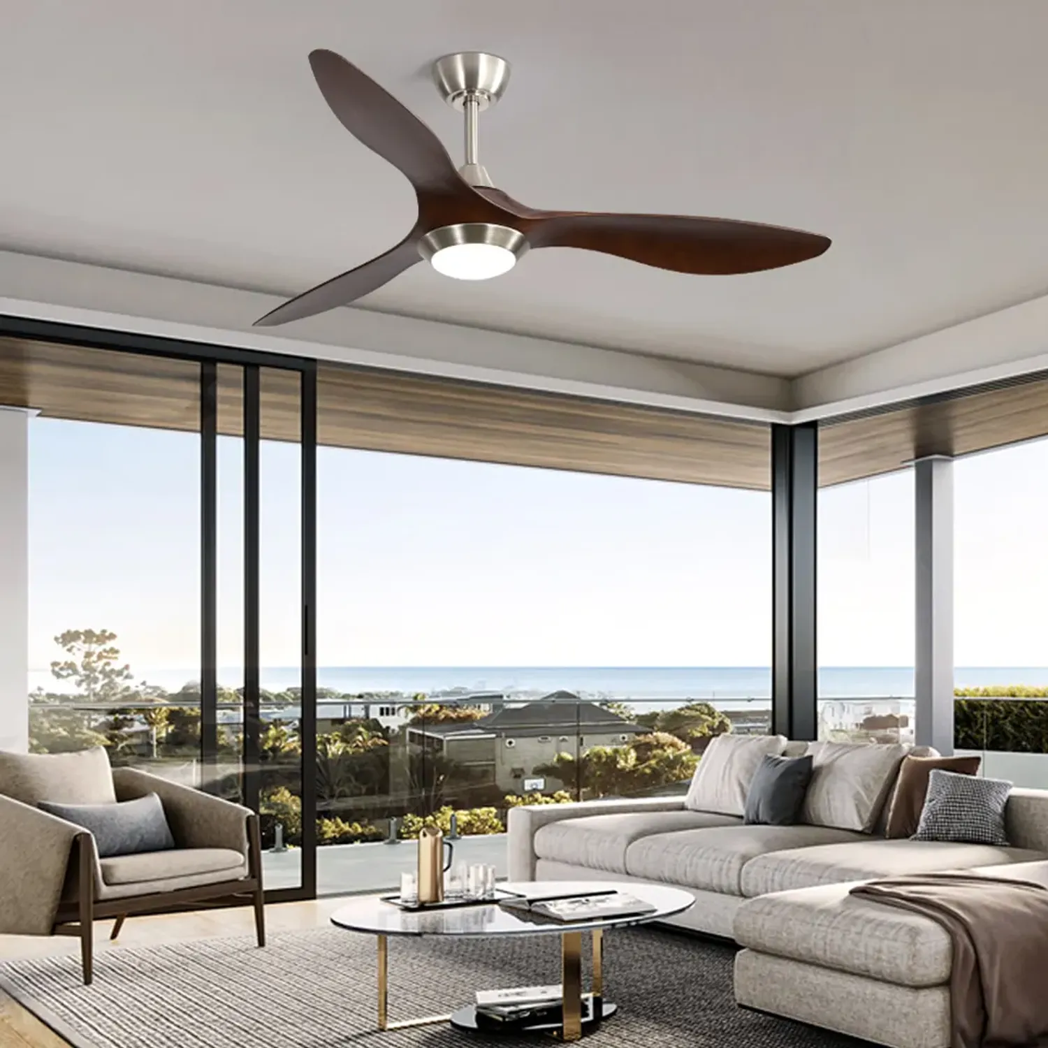 KBS Wood Blade Ceiling Fan with Light and Reverse Airflow in a large living room