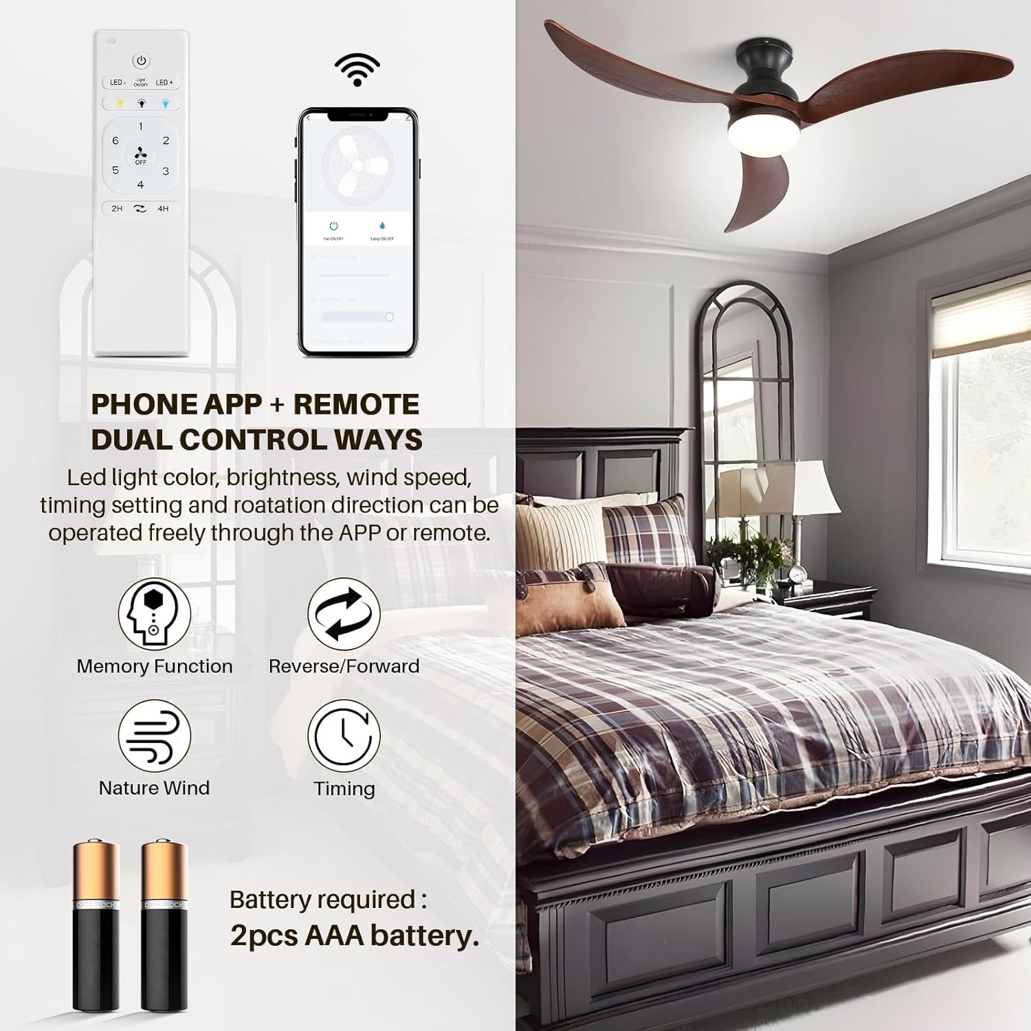52 Inch Three Blade Curved Wood Ceiling Fan with Light, remote and smart control