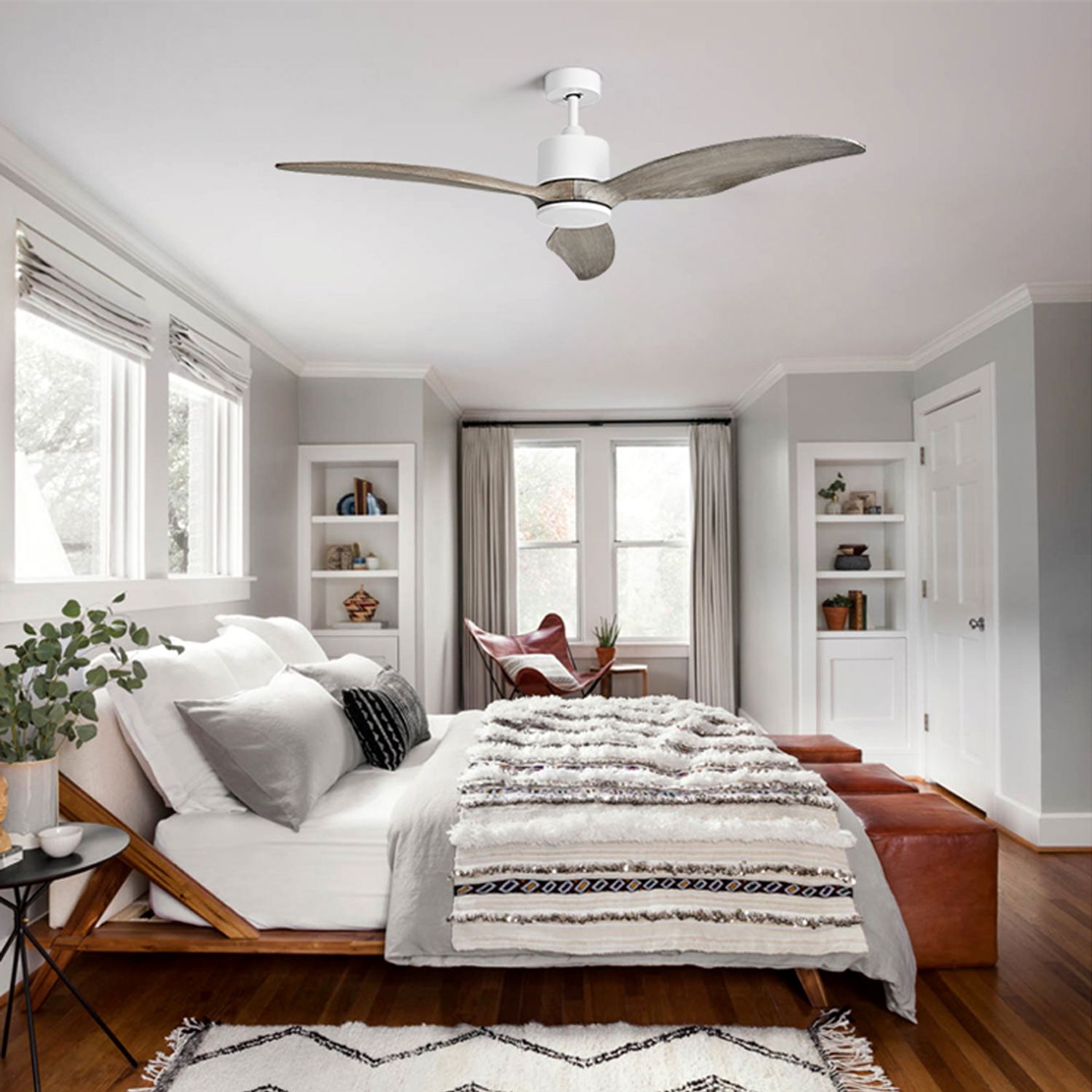 Grey Wood Ceiling Fan with Light & Remote in a bedroom