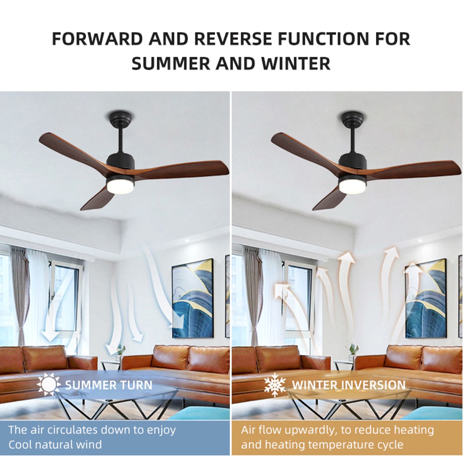 Forward and reverse function of KBS wood propeller quiet ceiling fans with lights and remote control