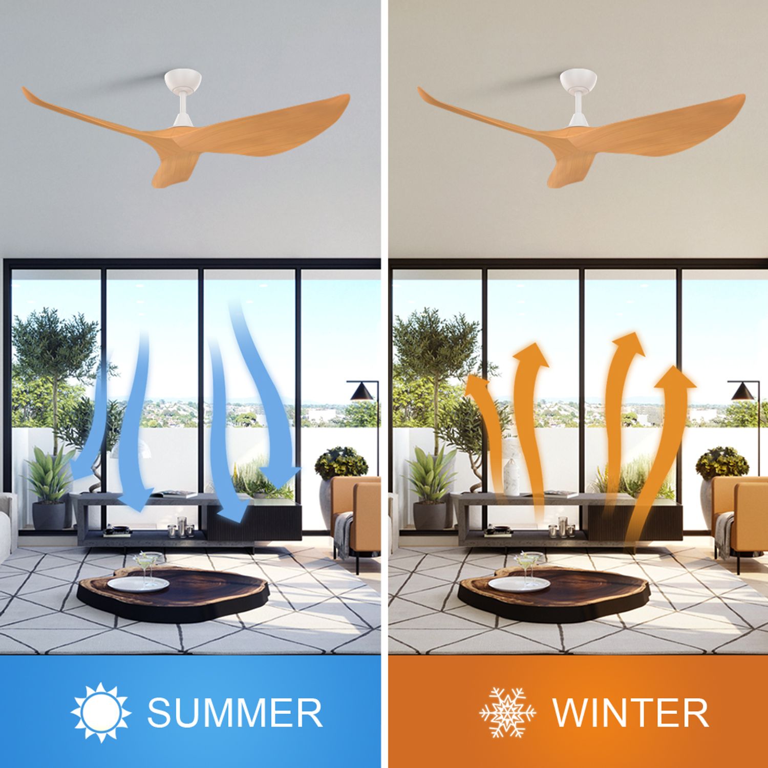 Low Profile Solid Wood Ceiling Fan Reversible function in summer and winter