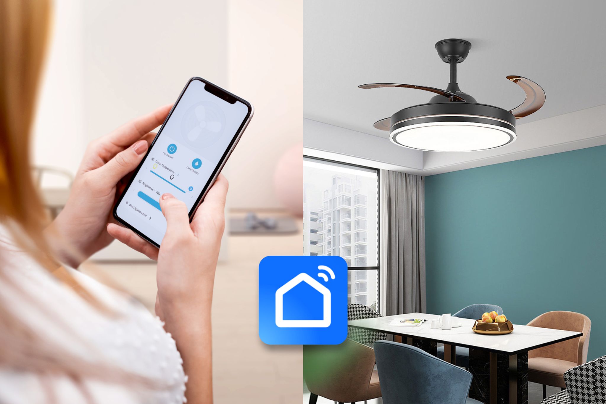 a woman use KBS ceiling fan app for remote control