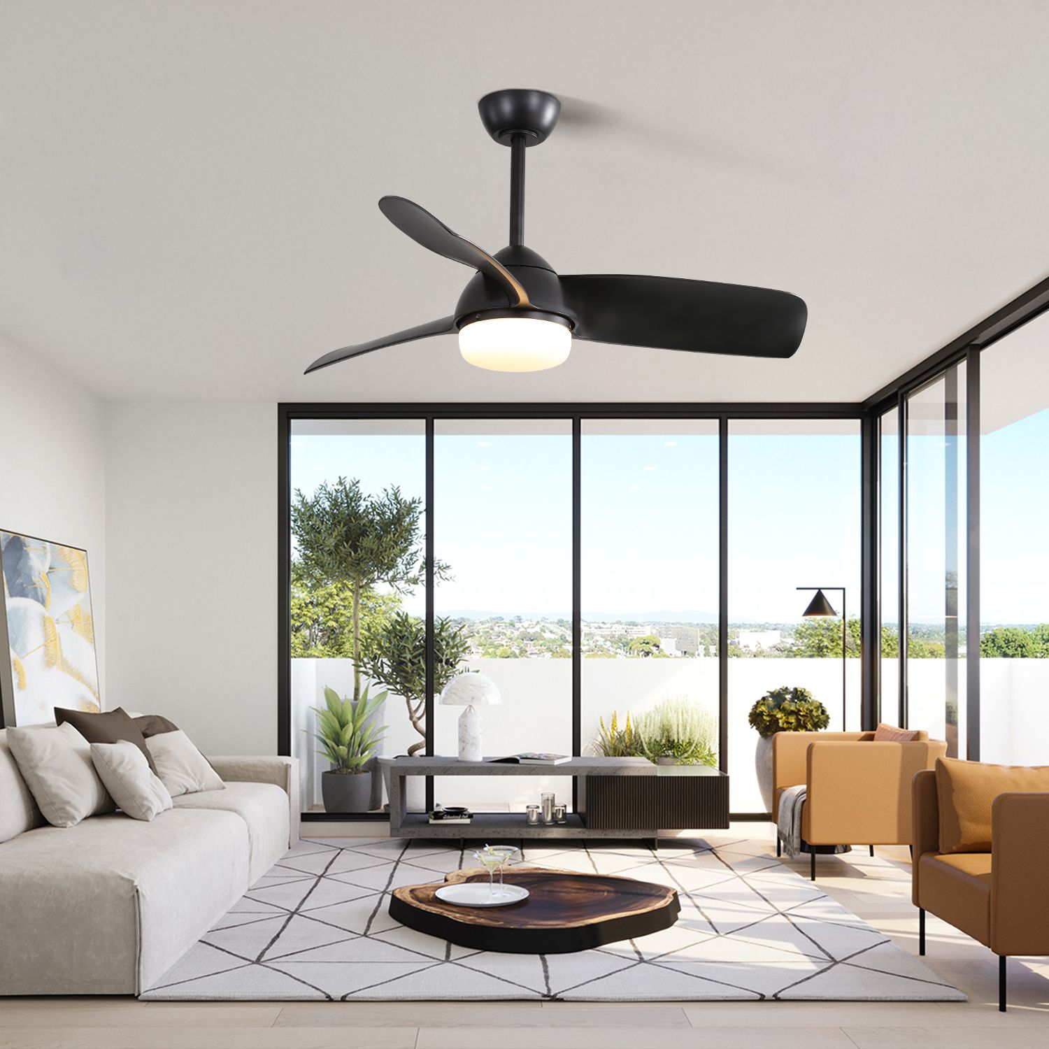 42 black ceiling fan with light	in living room