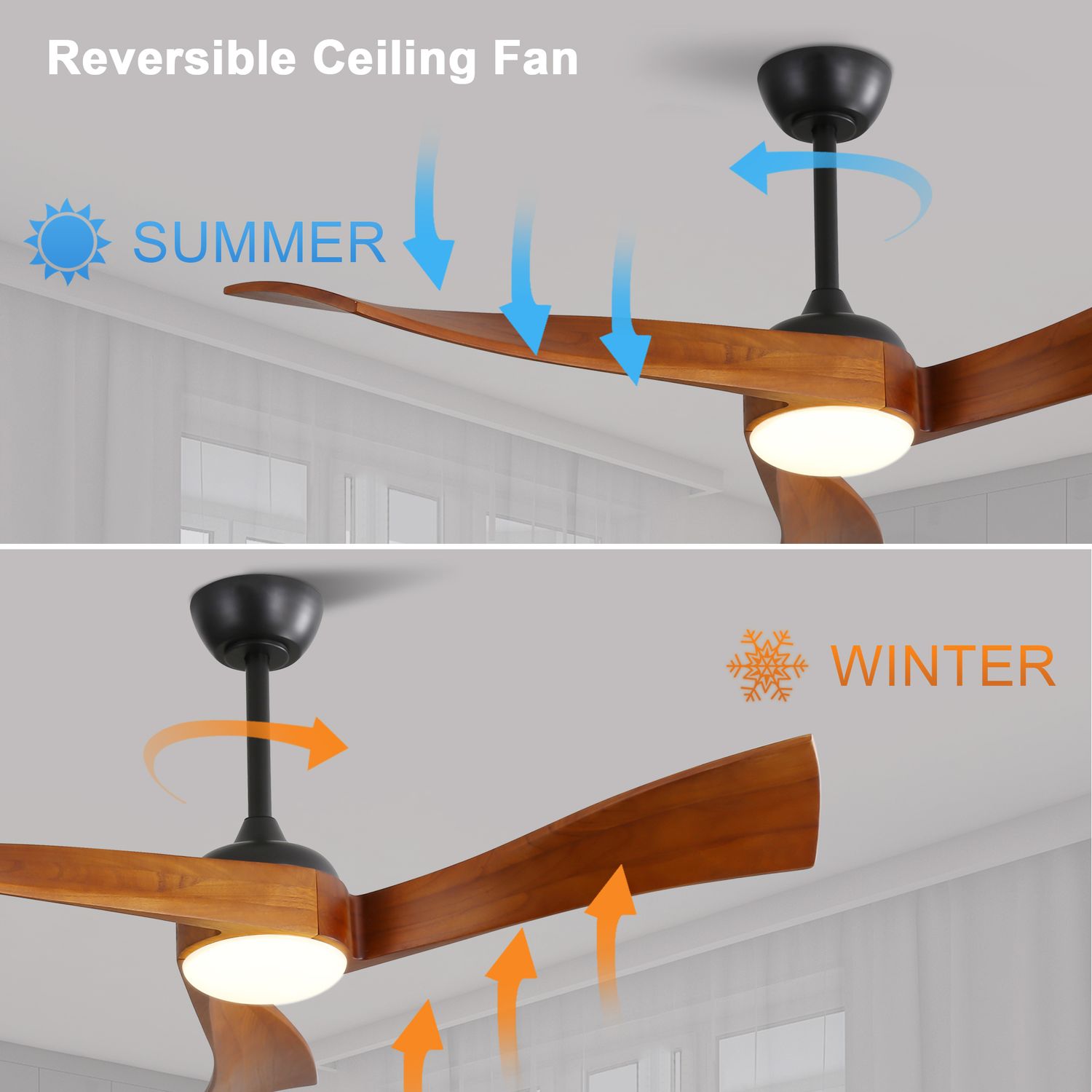 Reversible function of KBS Solid Wood Ceiling Fan With Light