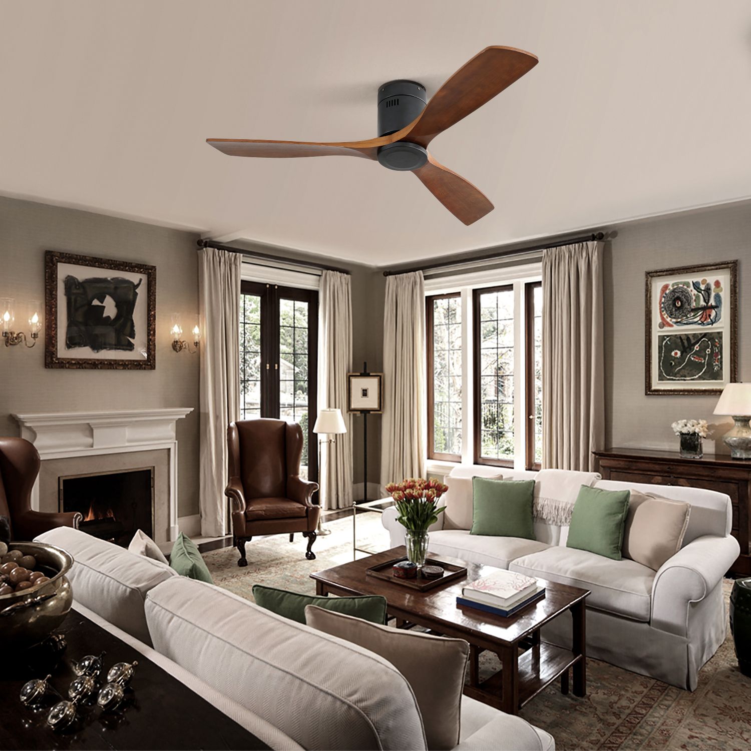 KBS low profile matte black and wood ceiling fan in living room