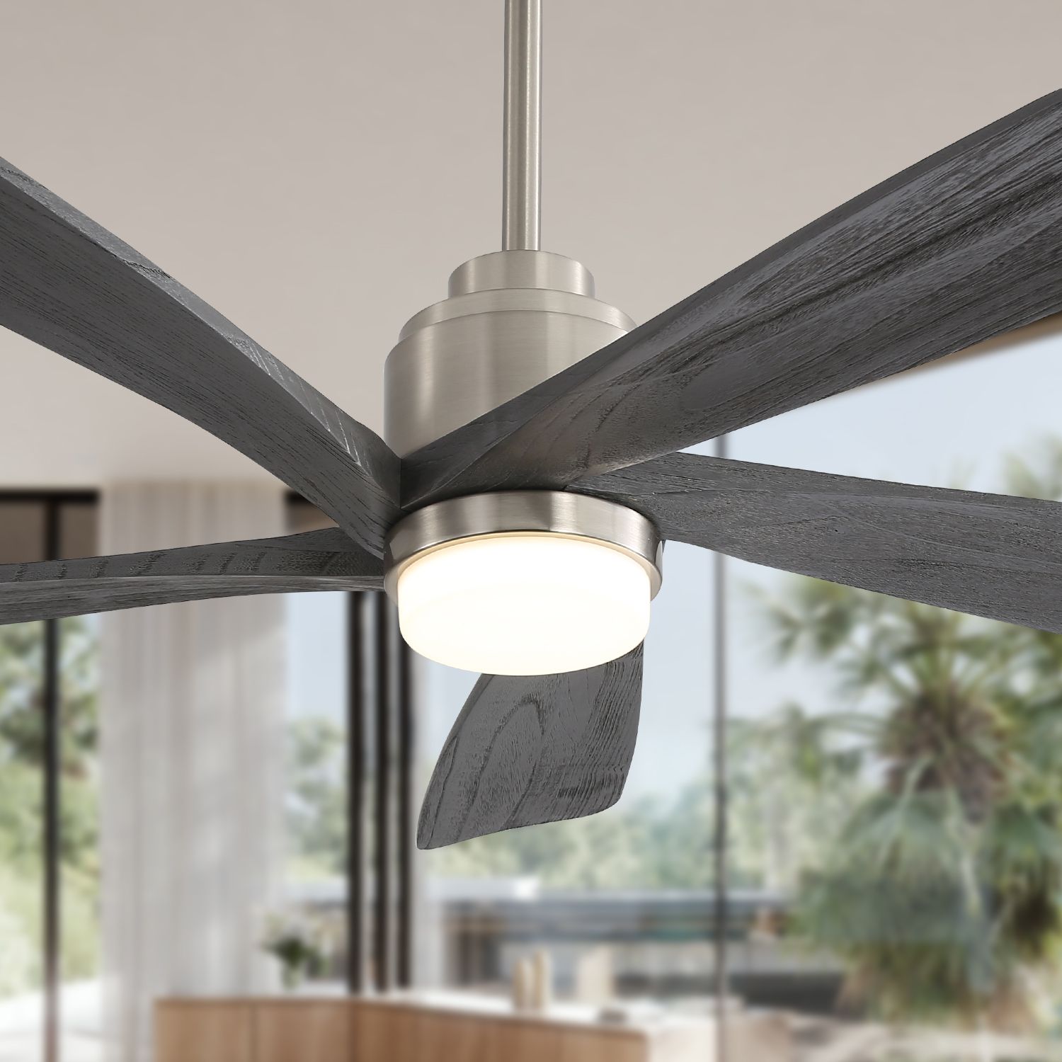 Light on 5 Blade Gray Solid Wood Ceiling Fan