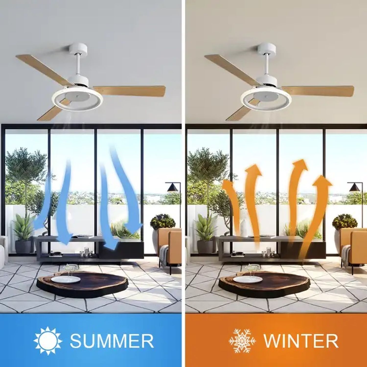 52" Modern Indoor Ceiling Fan Reversible blades rotation in summer and winter