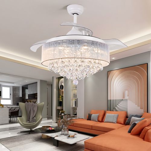 Stylish Decorative Crystal Chandelier Ceiling Fan with Retractable Blades