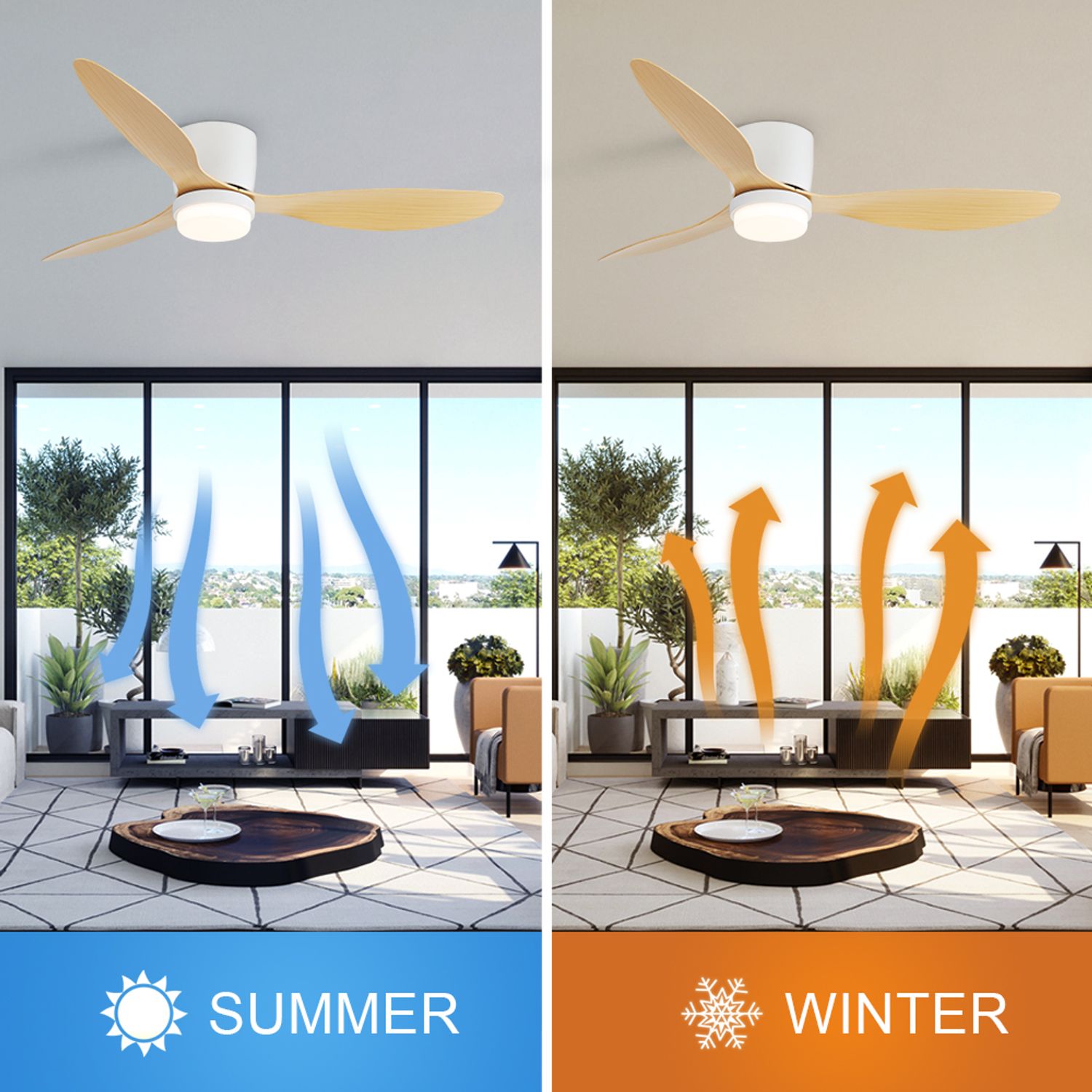 silent reversible motor inside quiet modern ceiling fan in summer and winter