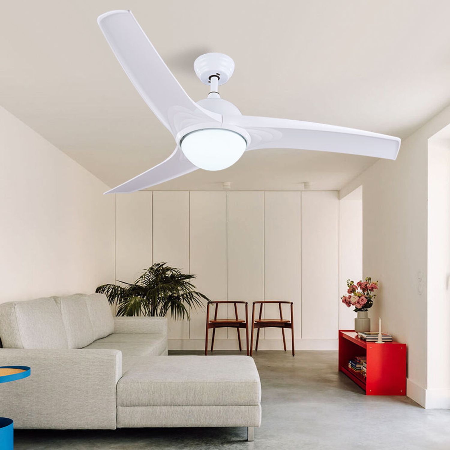 KBS Wholesale all white ABS Blade Ceiling Fan with Light and Remote in a room