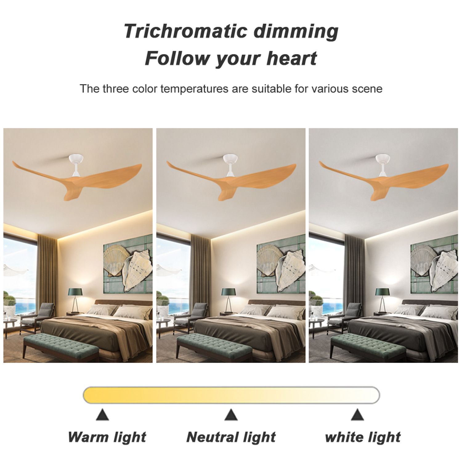 trichromatic dimming with Low Profile Reversible Solid Wood Ceiling Fan