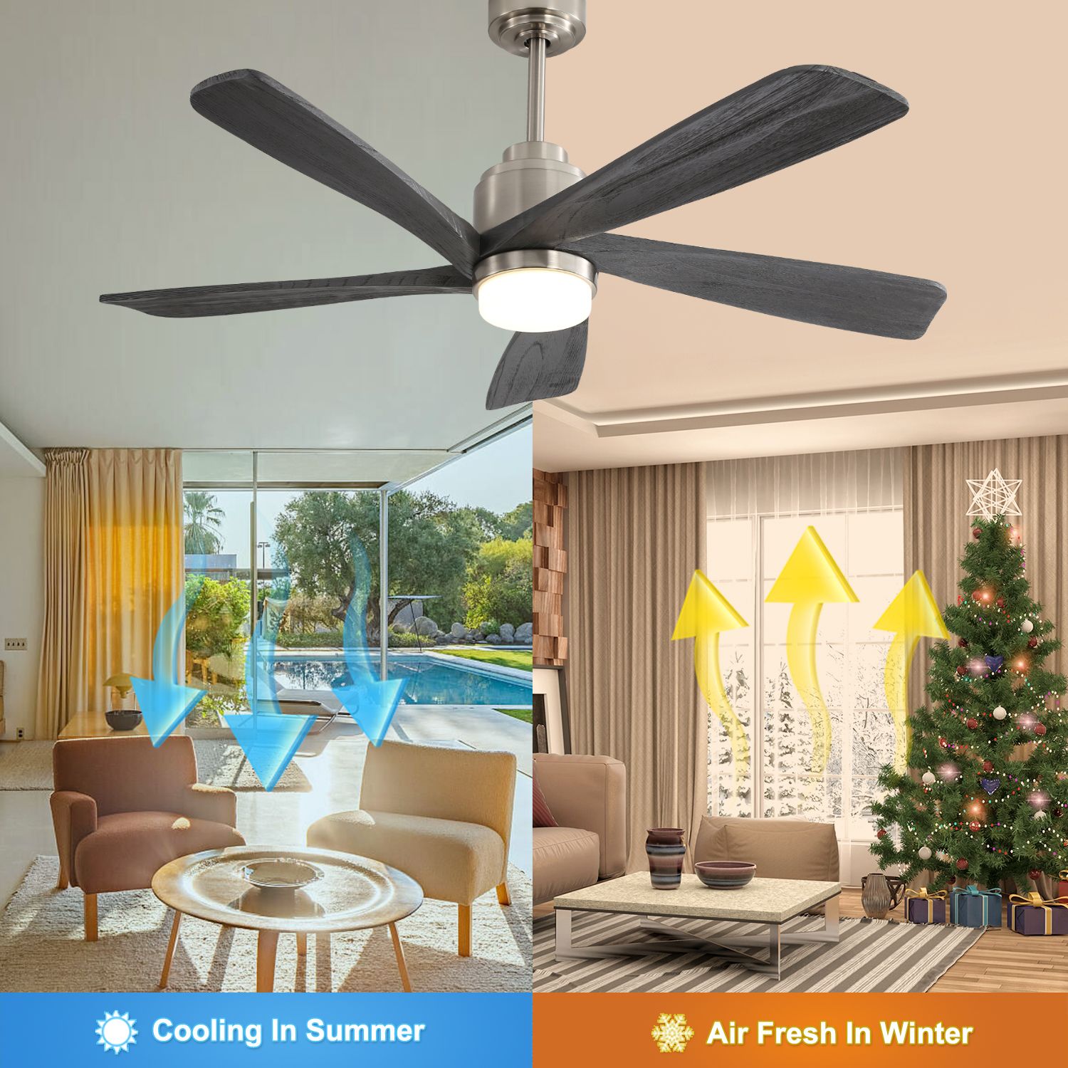 Reverse feature of 5 Blade Gray Solid Wood Ceiling Fan with Light