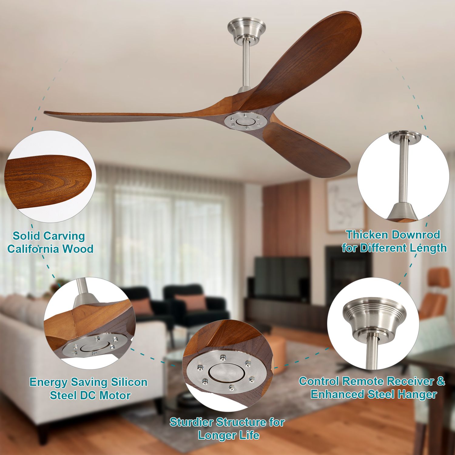 details of KBS 60 Inch Decorative Wood Ceiling Fan including solid carving wood material, thicken downrod, steel DC motor, and more