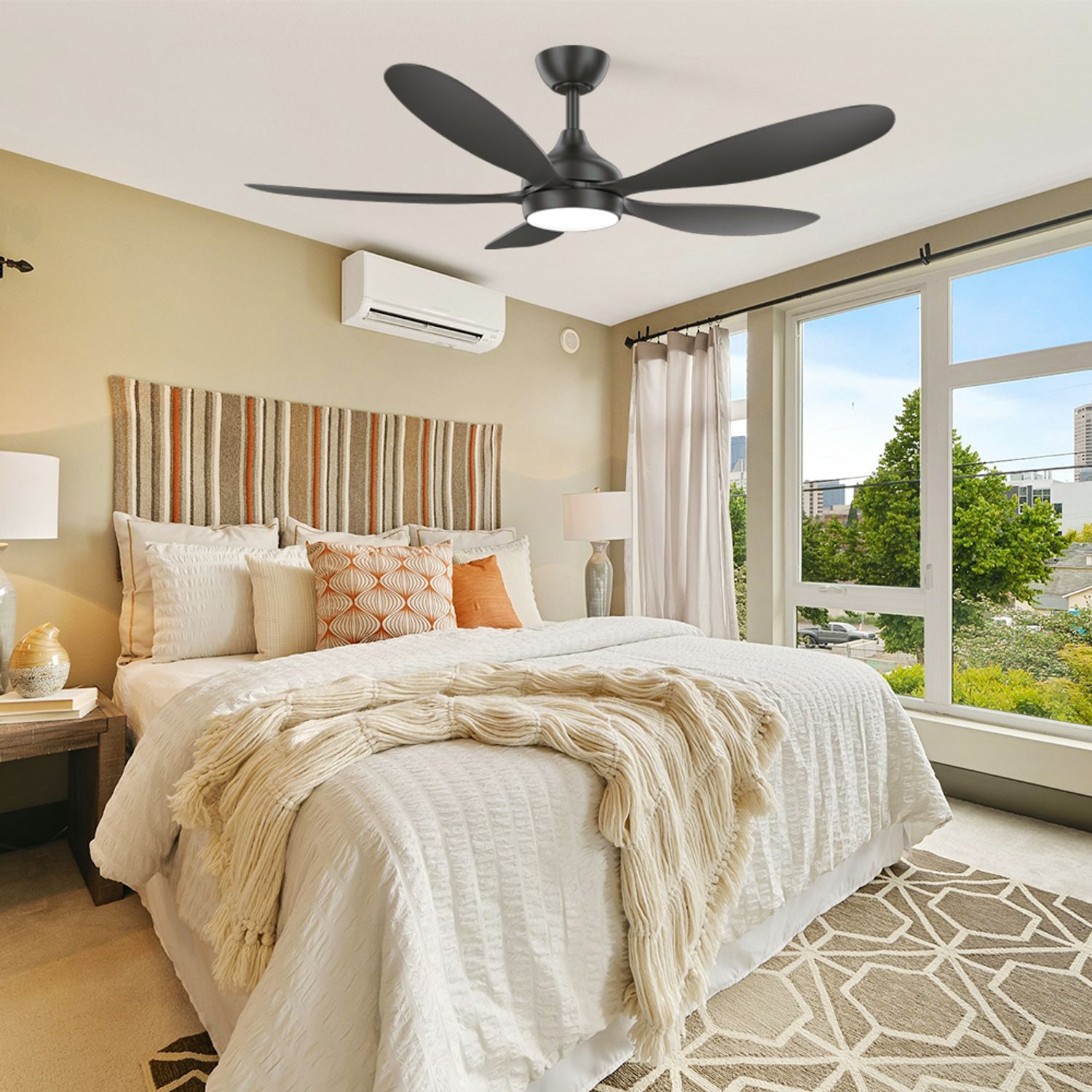 KBS Black smartphone controlled ceiling fan with light in a bedroom