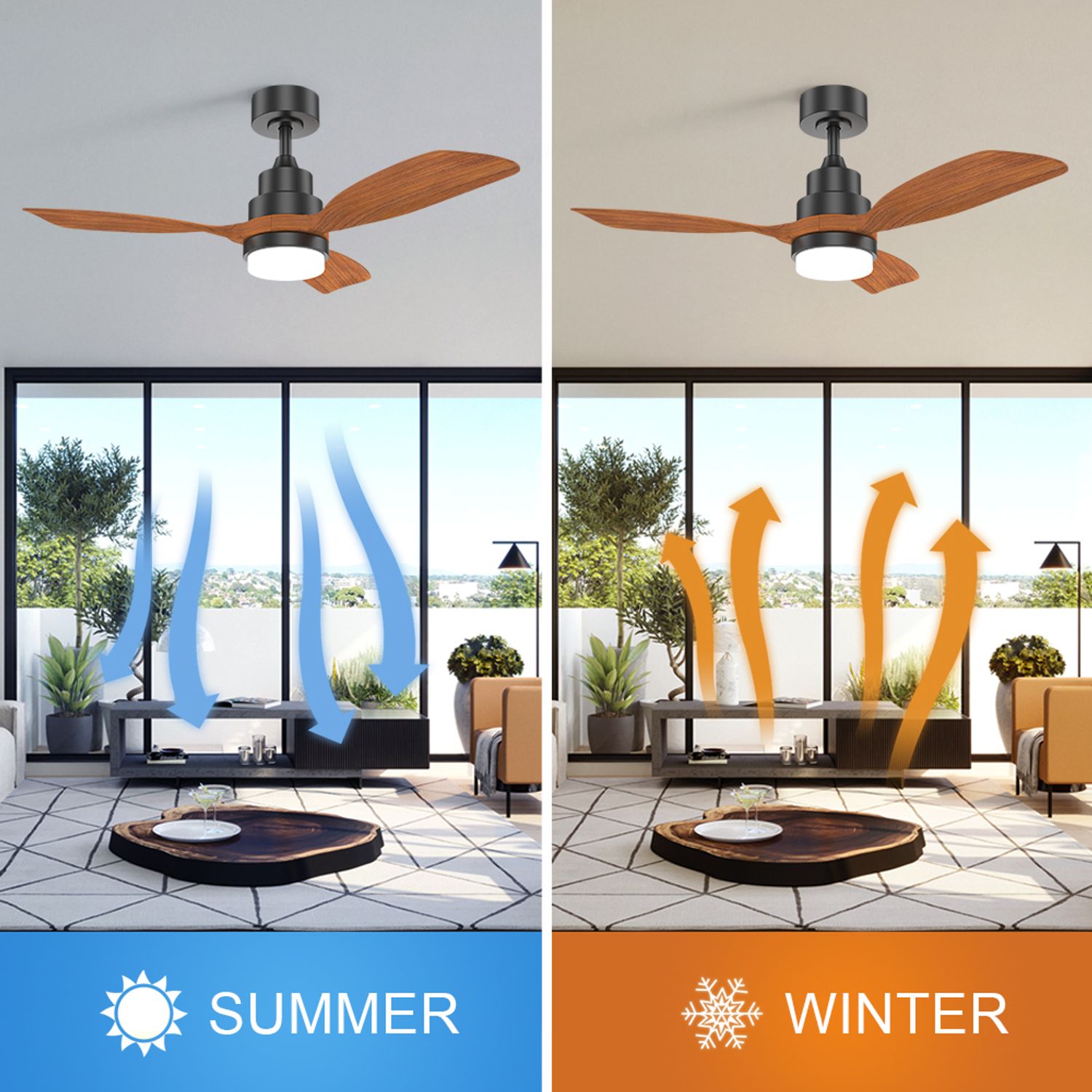 42" Brushed Nickel Natural Wood Ceiling Fan with Light direction in summer and winter