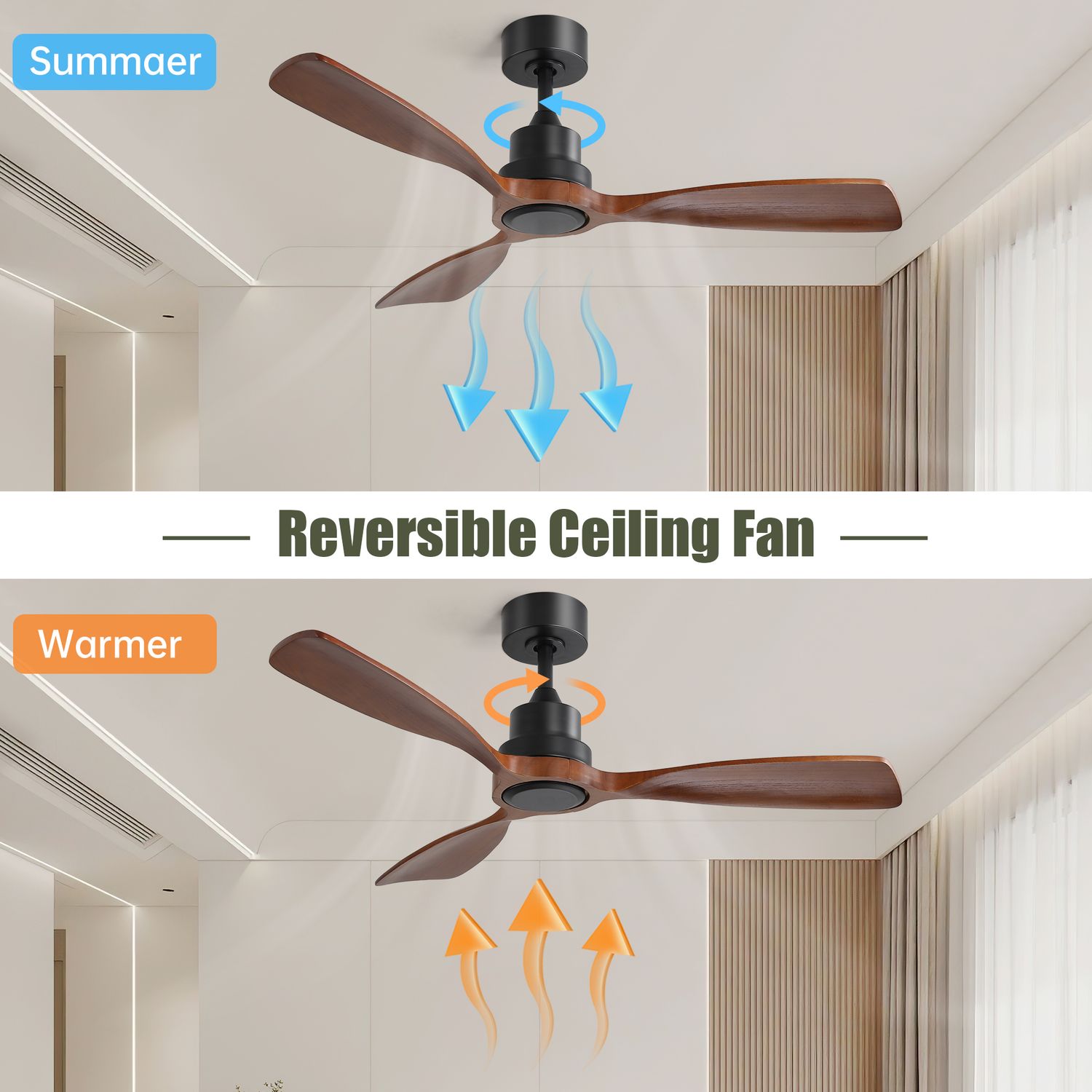Reversible function of 52 inch Walnut Wood Flush Mount Ceiling Fan
