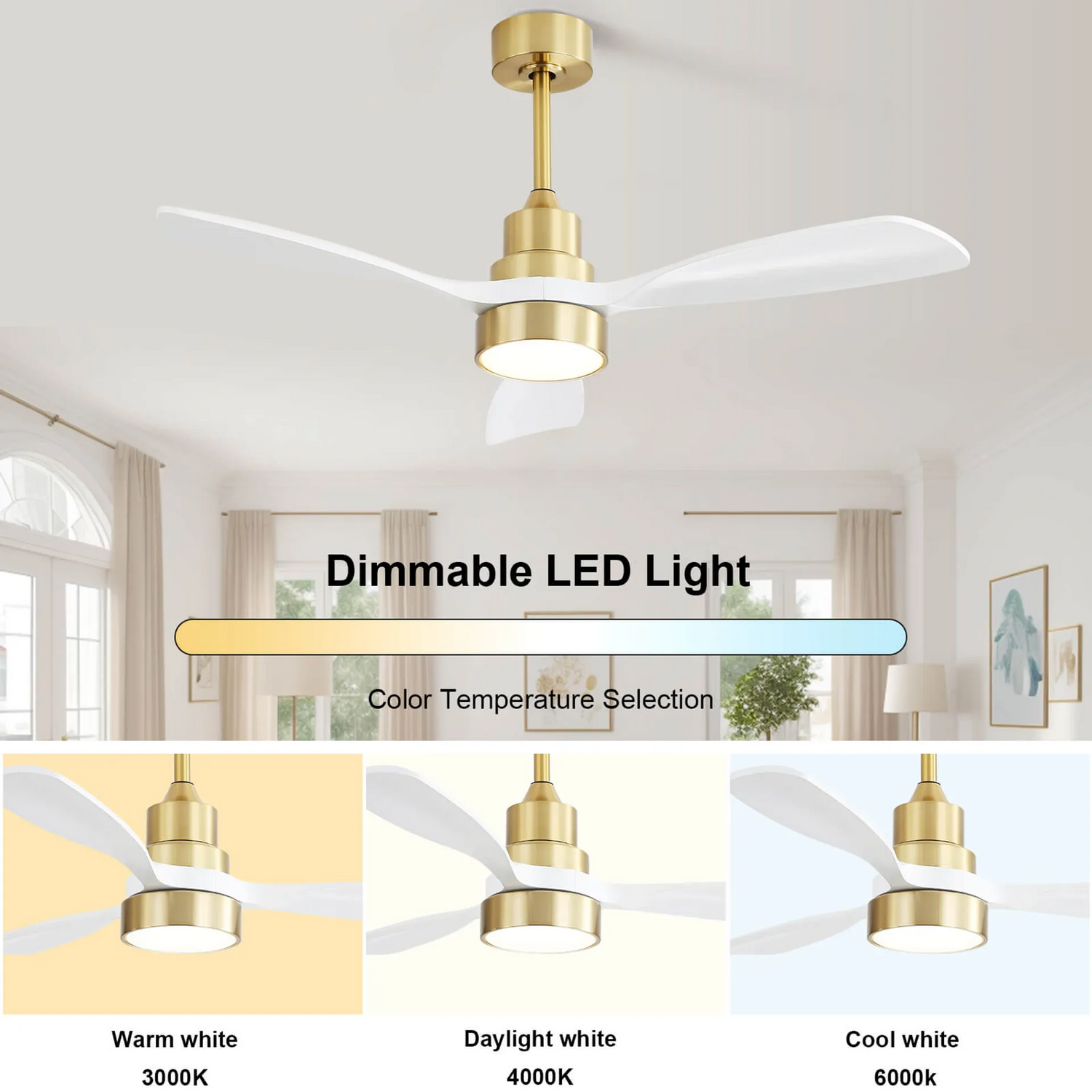 dimmable LED light in KBS wood three blade ceiling fan 