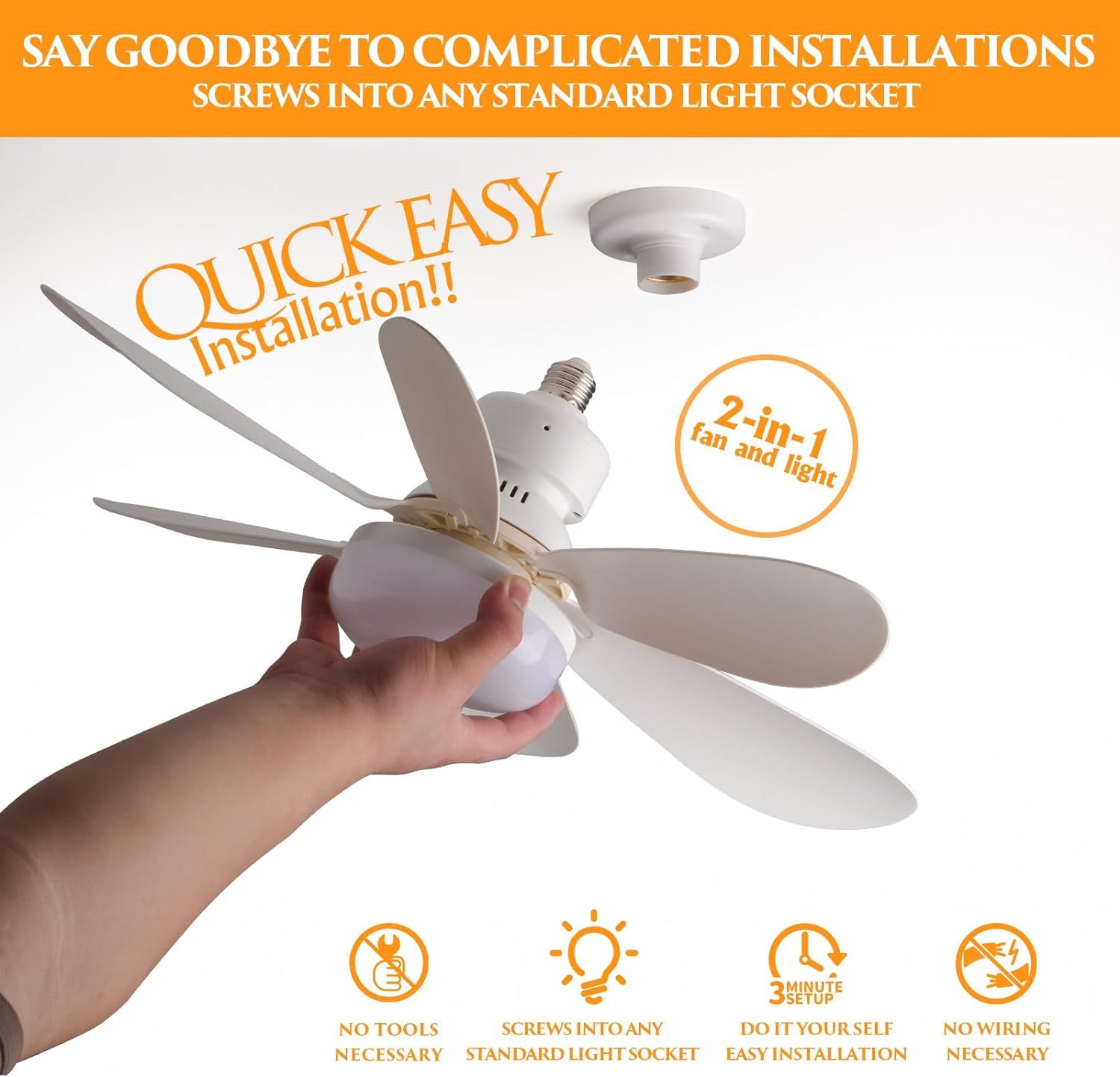 easy installation of KBS 20" White 3-Speed Light Bulb Socket Ceiling Fan