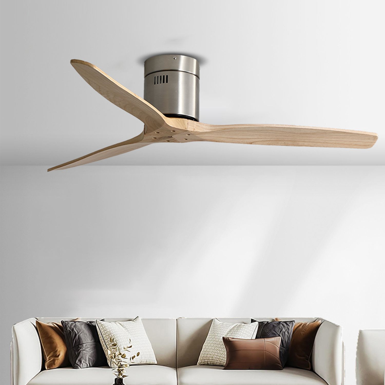 Decorative 52 Inch Brushed Nickel & Wood Ceiling Fan with Forward and Reverse Control at a living room