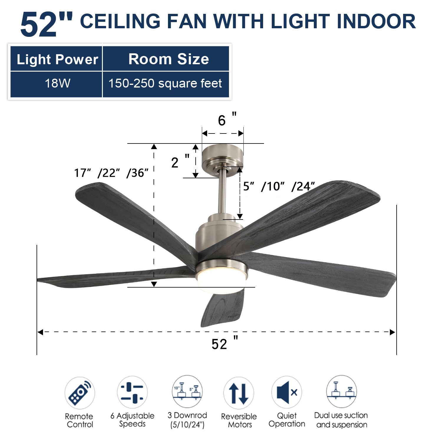 52 inch KBS 5 Blade Gray Solid Wood Ceiling Fan with Light size and features