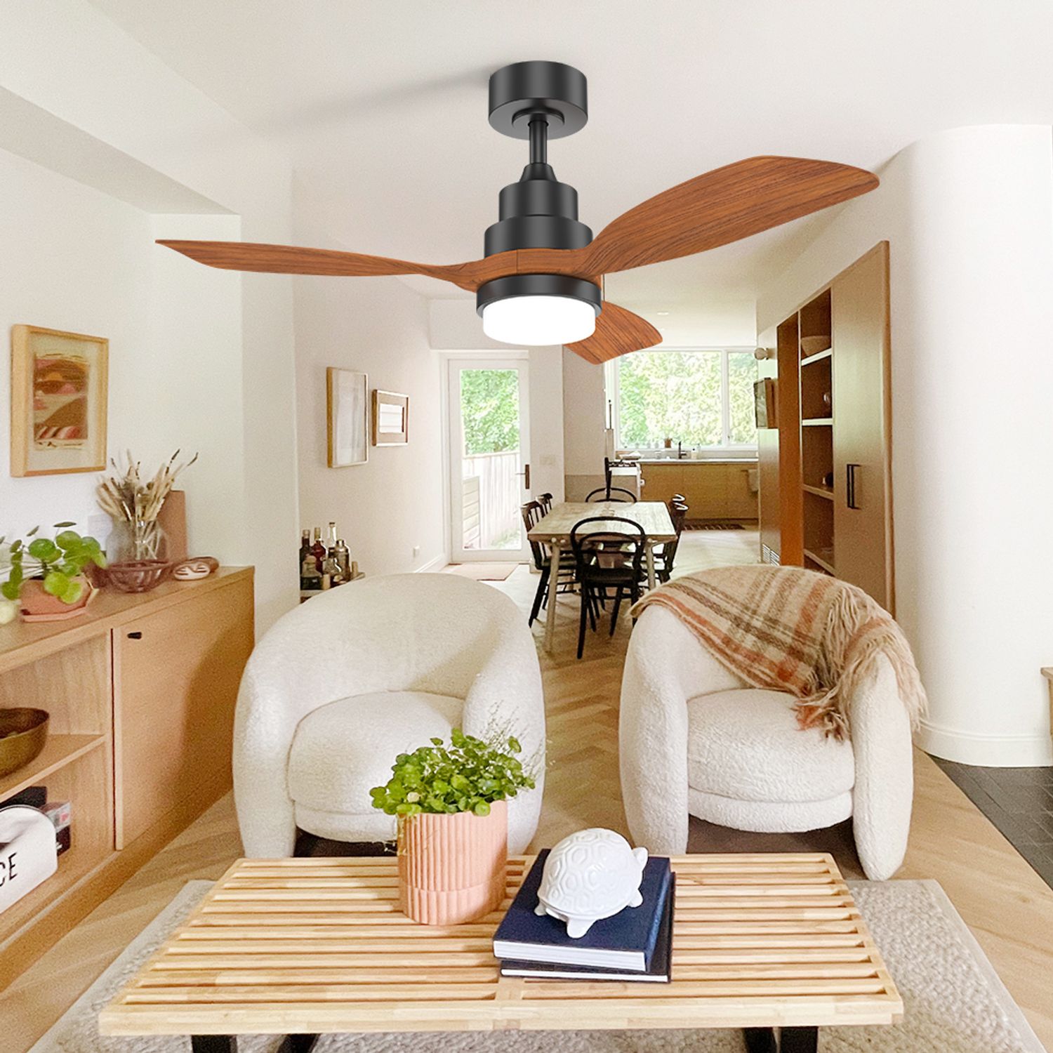 KBS 42" Natural Wood Ceiling Fan with Light in a small room
