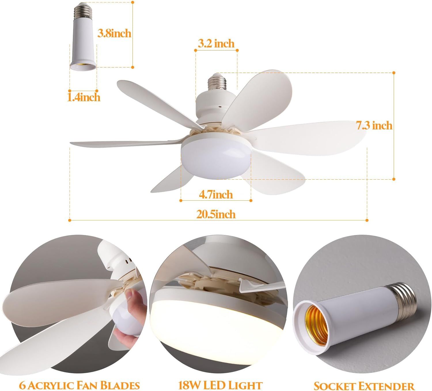 20 inch size of 3 speed light bulb socket ceiling fan with 6 acrylic fan blades, 18w led light, socket extender