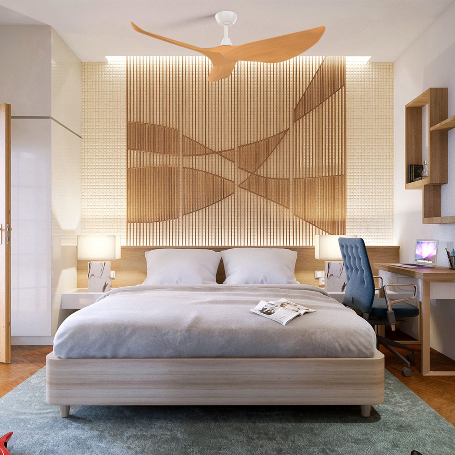 KBS Low Profile Reversible Solid Wood Ceiling Fan in a bedroom