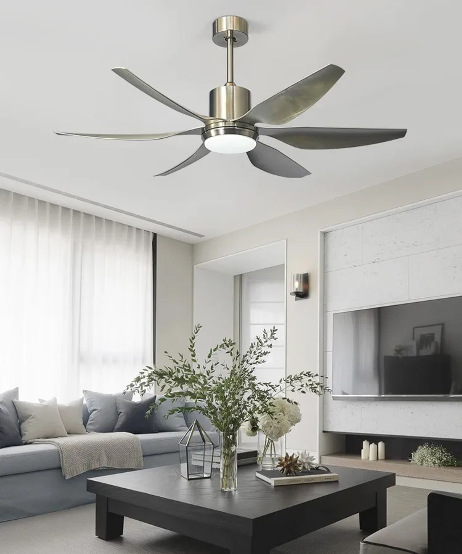 56 inch Silver modern dc ceiling fans with 6 blades and light in a living room