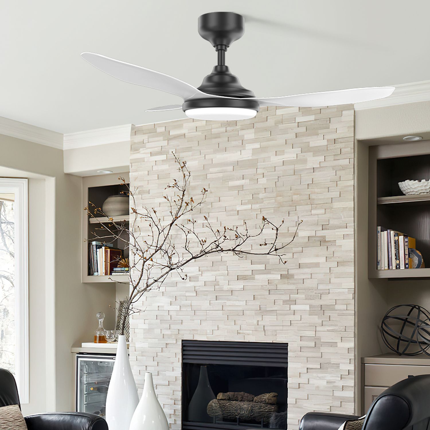 38" Black and White Ceiling Fan with Light in a living room