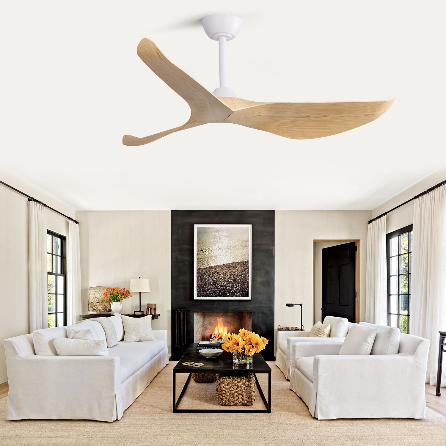 Low Profile Reversible Solid Wood Ceiling Fan in living room