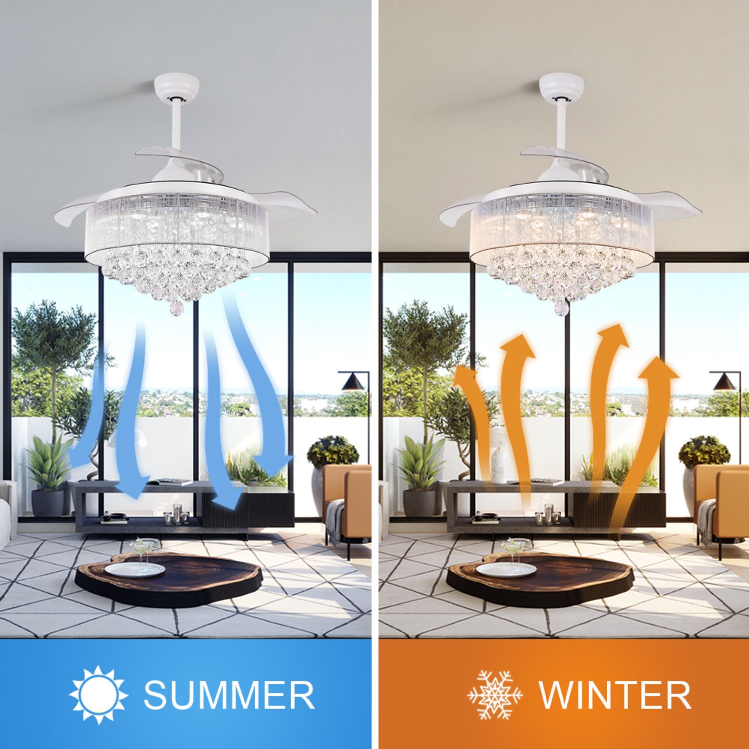 Stylish Decorative Crystal Chandelier Ceiling Fan with Retractable Blades 