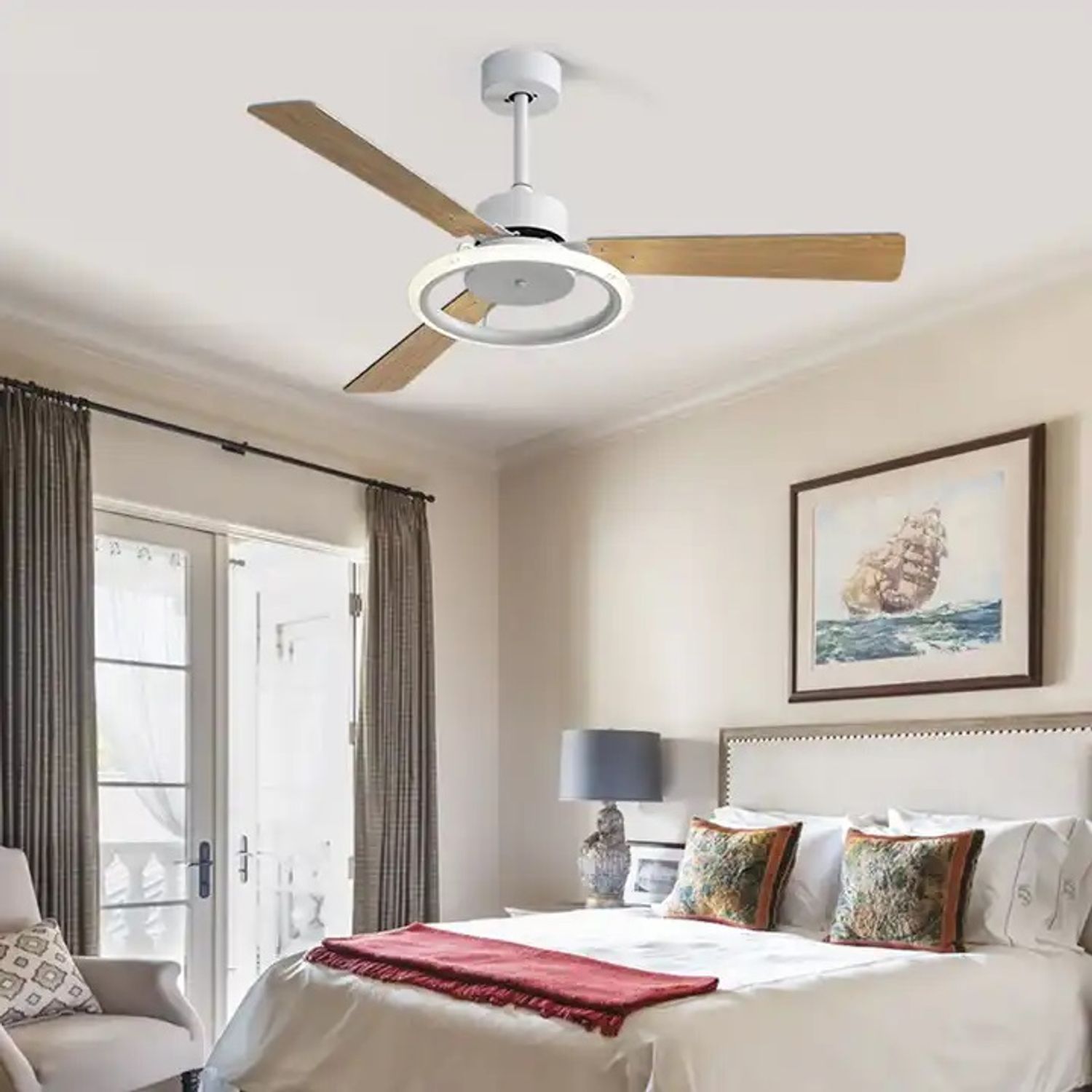 KBS 52" Modern Indoor Ceiling Fans with Lights and Reversible blades in bedroom