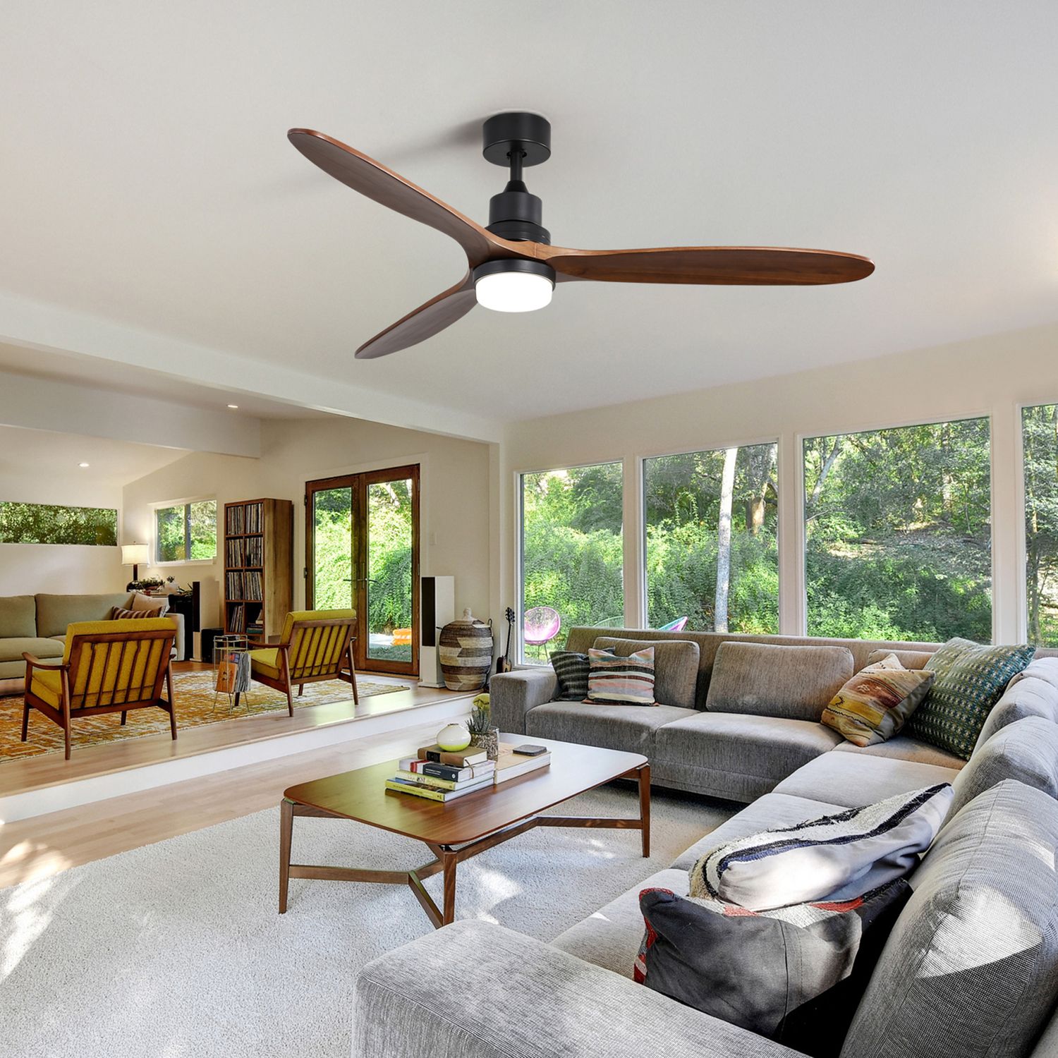 KBS Wood Design Reversible Ceiling Fan with Remote and light in a large living room