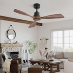 KBS Walnut Wood Flush Mount Ceiling Fan in a living room