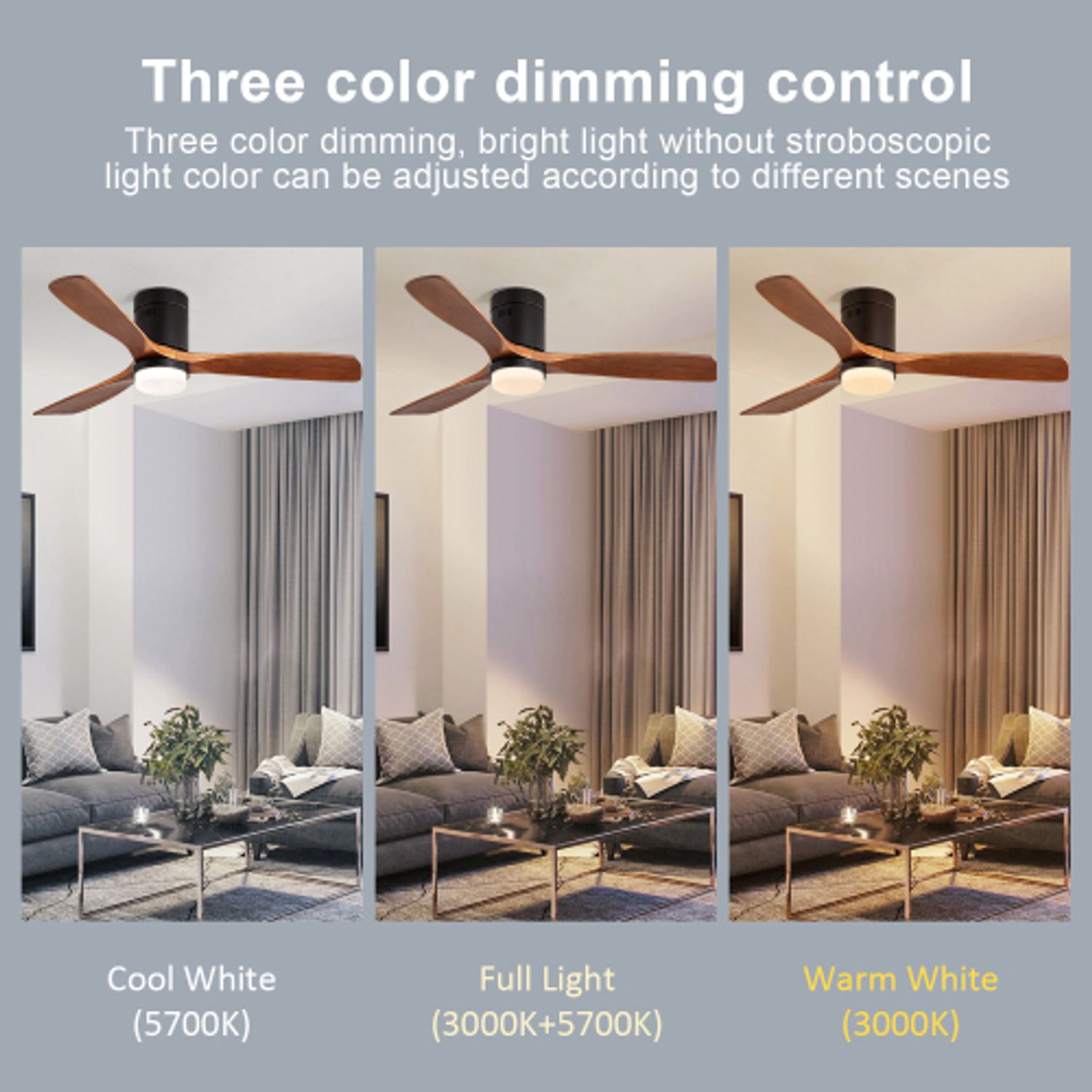 Three-color dimming remote control of Solid Wood Ceiling Fan Light Kit with Reverse