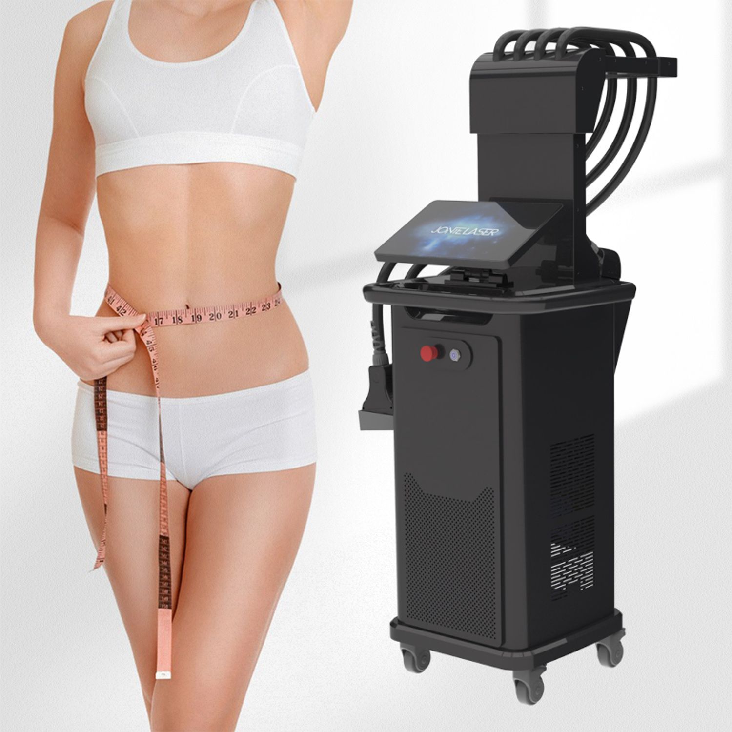 A professional laser lipo machine stands next to a woman measuring her waist