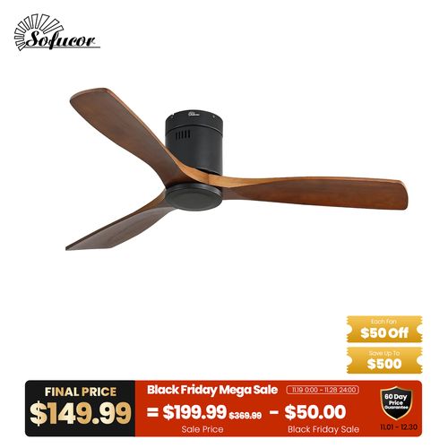 52″ Flush Mount Steel Wood Ceiling Fan Without Light
