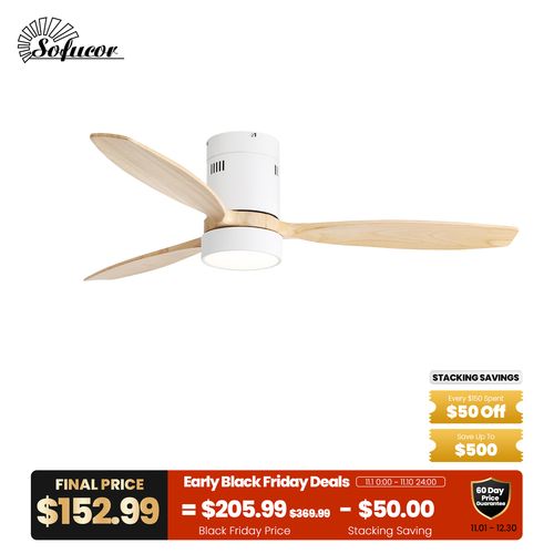 52” Flush Mount Celing Fan With Light Remote Wood Blades